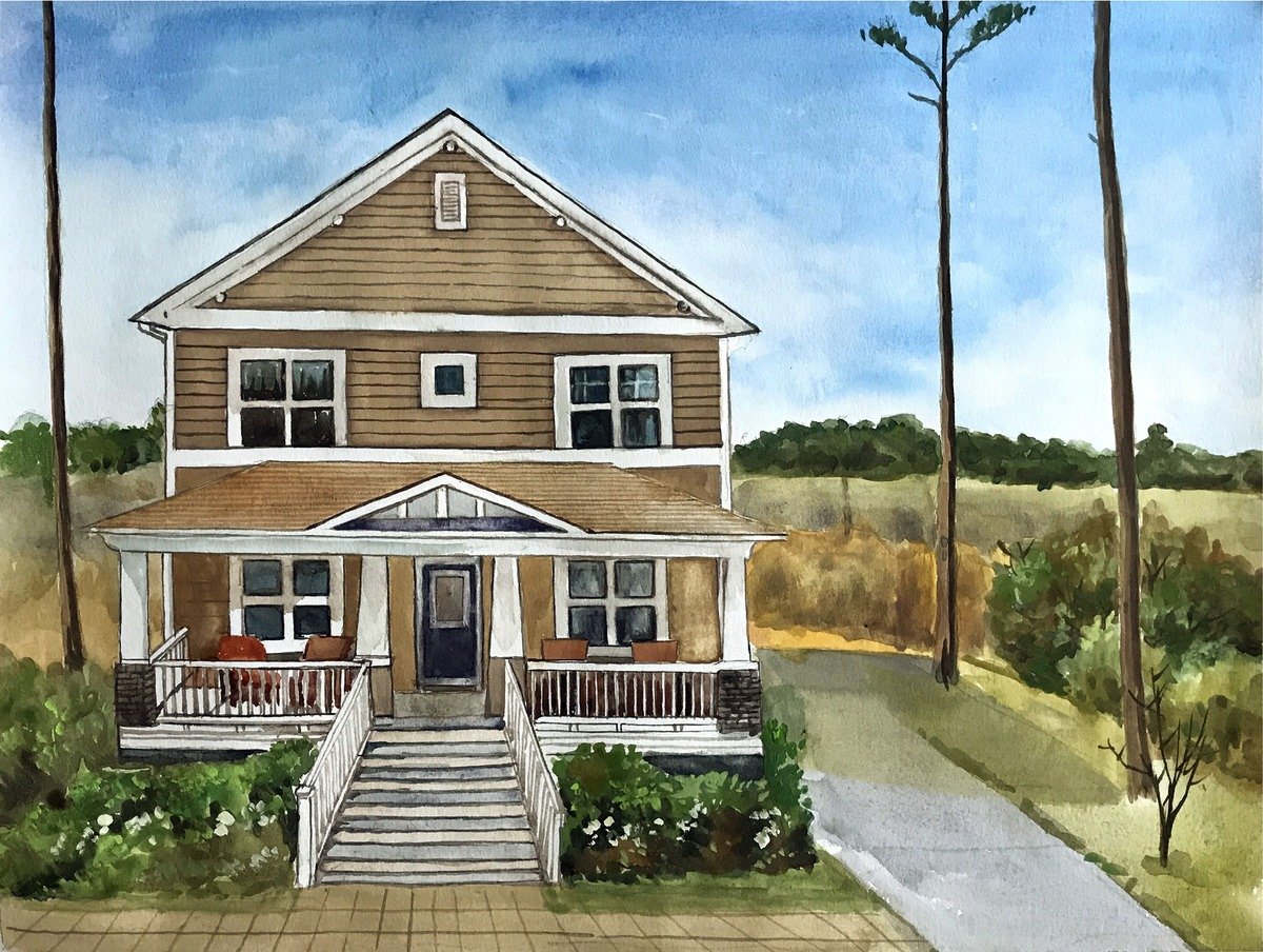 A House warming watercolor washed style painting of a house with a porch.