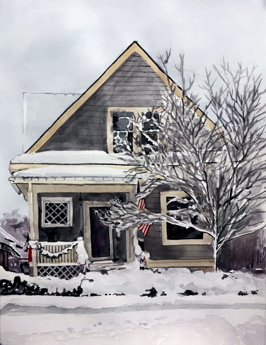 A new home housewarming watercolor art of a house covered in snow