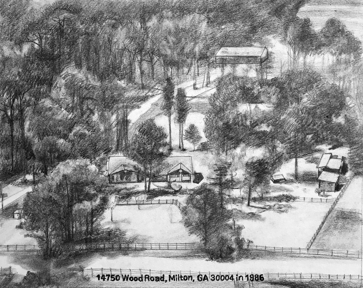 A new home housewarming Pencil Sketch art of a house in the woods.