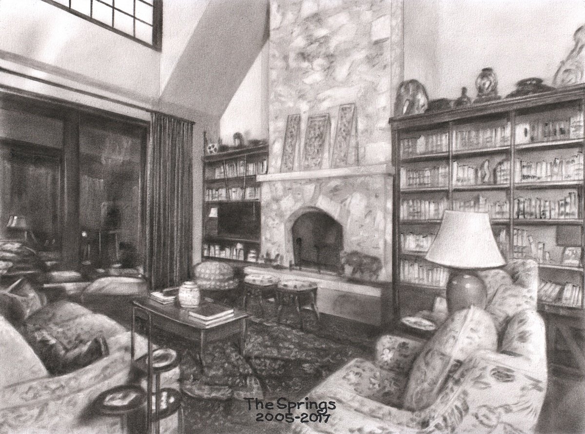 A premium charcoal style housewarming portrait of a living room with a fireplace.