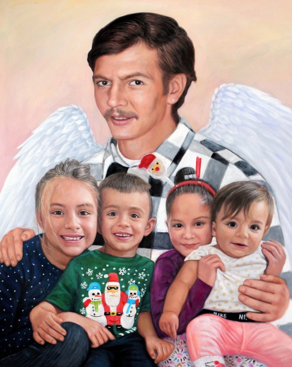 An oil painting capturing a memorial portrait of a family with angel wings, showcasing a thick style.