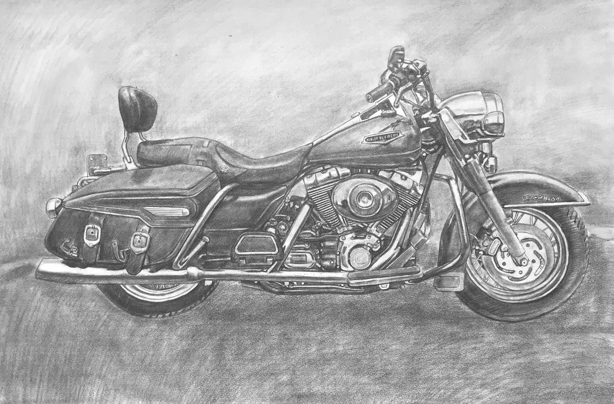A pencil sketch of a Harley-Davidson Road King motorcycle.