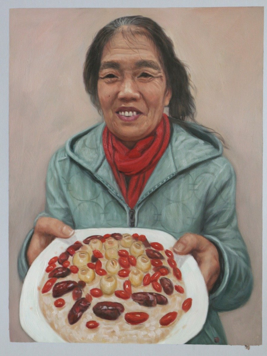 A thick oil painting of a woman holding a plate of food, ideal as a Mother's Day gift.