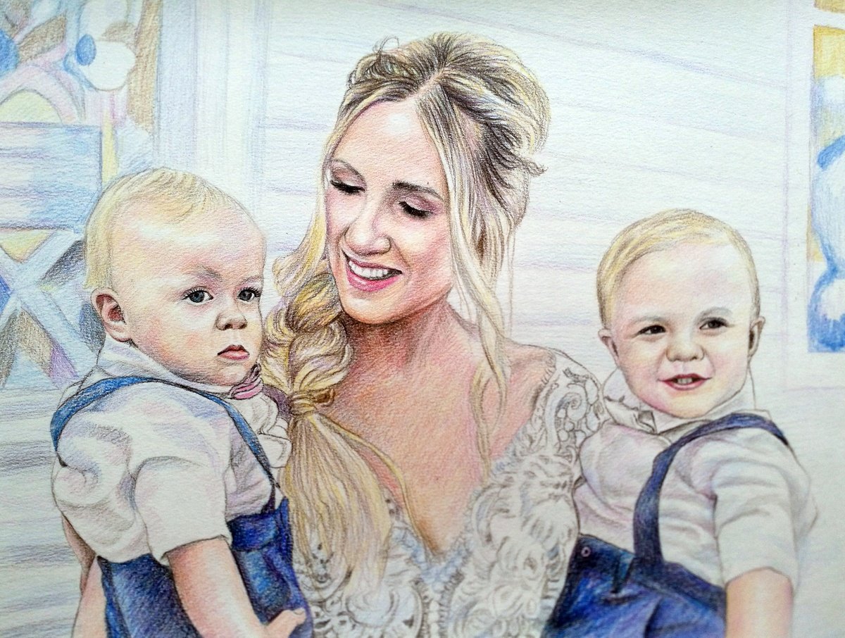 A color pencil drawing of a woman and her two sons - perfect for a Mother's Day painting idea.