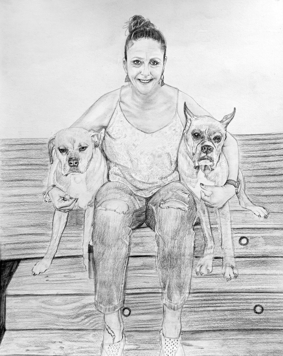 A pencil drawing of a woman with two dogs sitting on a bench.