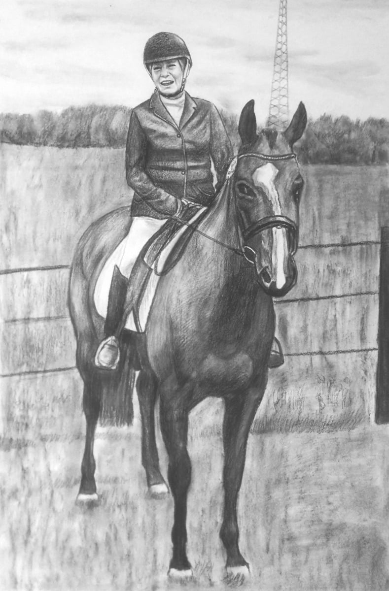 A smooth pencil drawing of a woman on a horse, perfect as a Mother's Day gift.