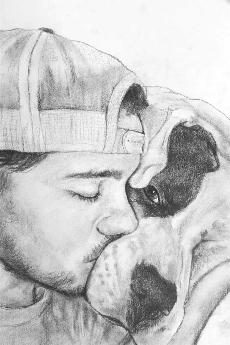 A memorial pencil sketchy style drawing of a man kissing a dog.