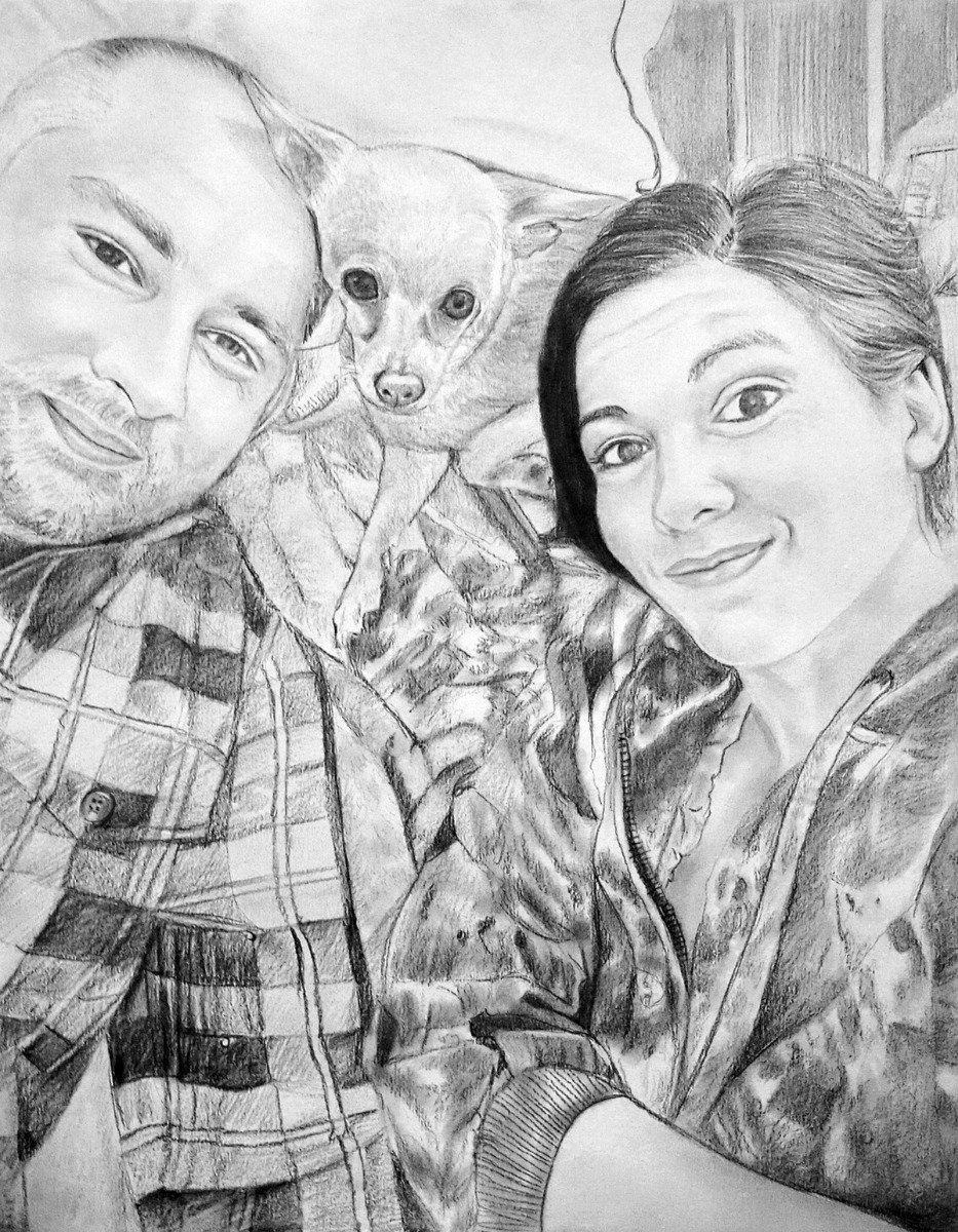 A pencil drawing memorializing a man, woman, and their chihuahua in a smooth style.