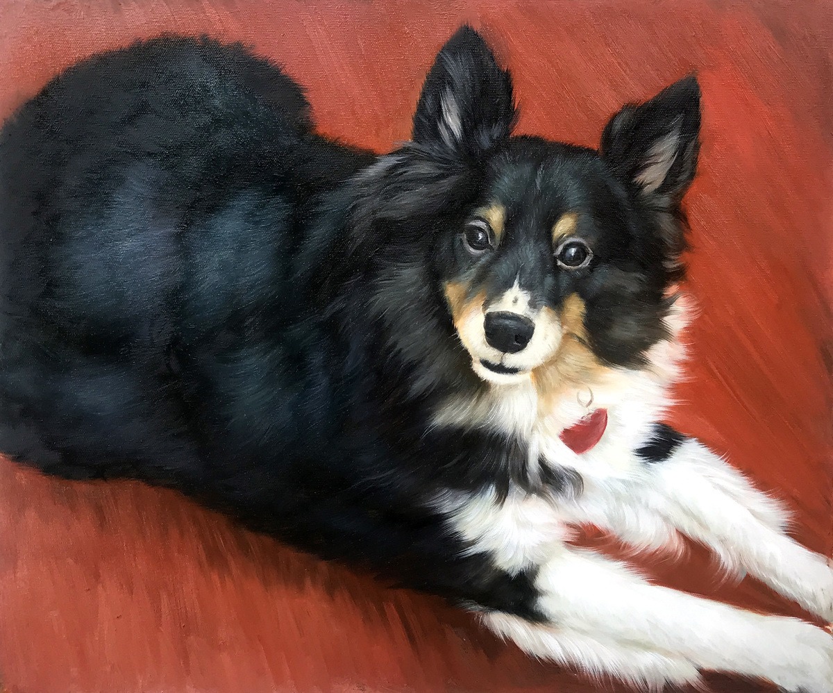A black and white dog painting with a thick oil style.