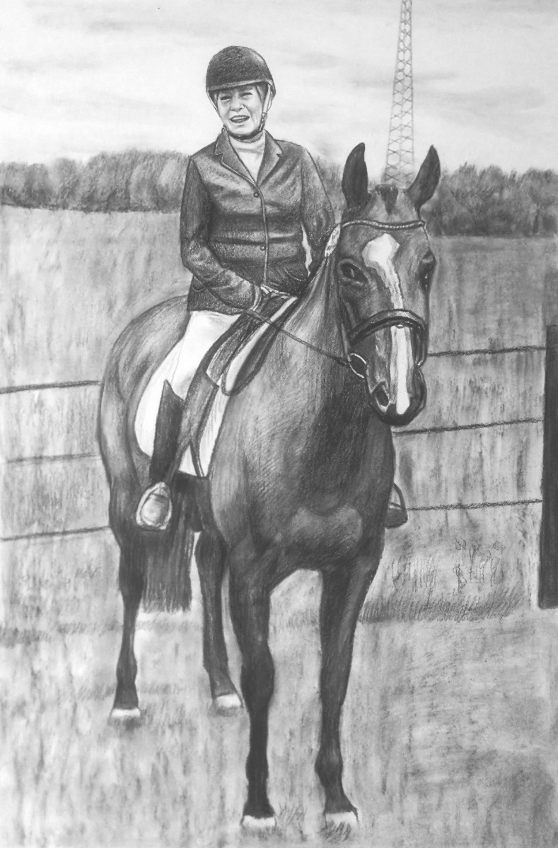 A detailed pencil drawing of a woman on a horse.