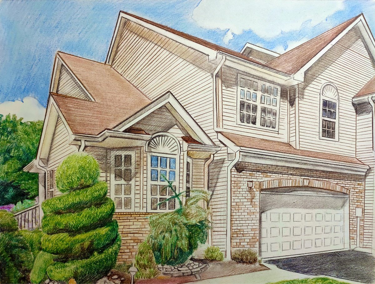 A smooth style colored pencil drawing of a house with a garage, perfect for real estate portraits.