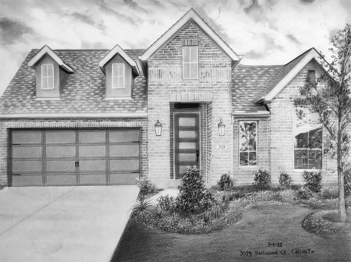 A charcoal drawing of a house.