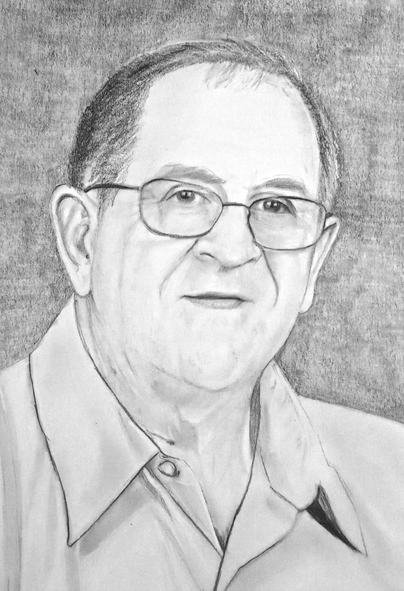 A retirement gift: A pencil sketch of an elderly man with glasses.