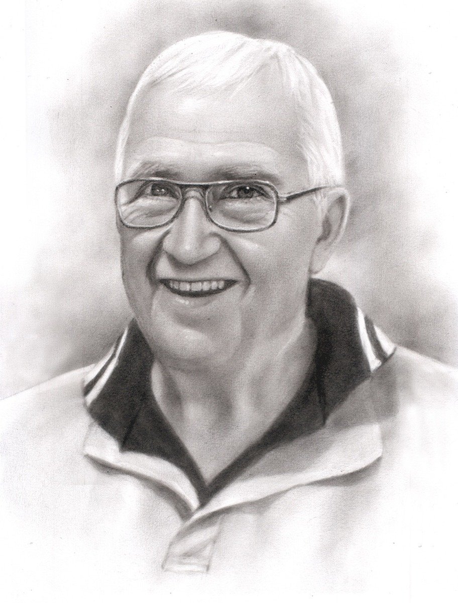 A charcoal drawing of an older man with glasses in a dark style.