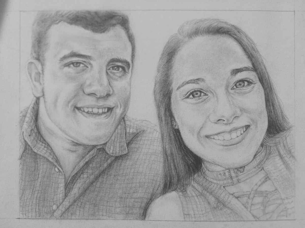 A sketchy pencil drawing of a man and woman smiling, ideal for Valentine's Day.