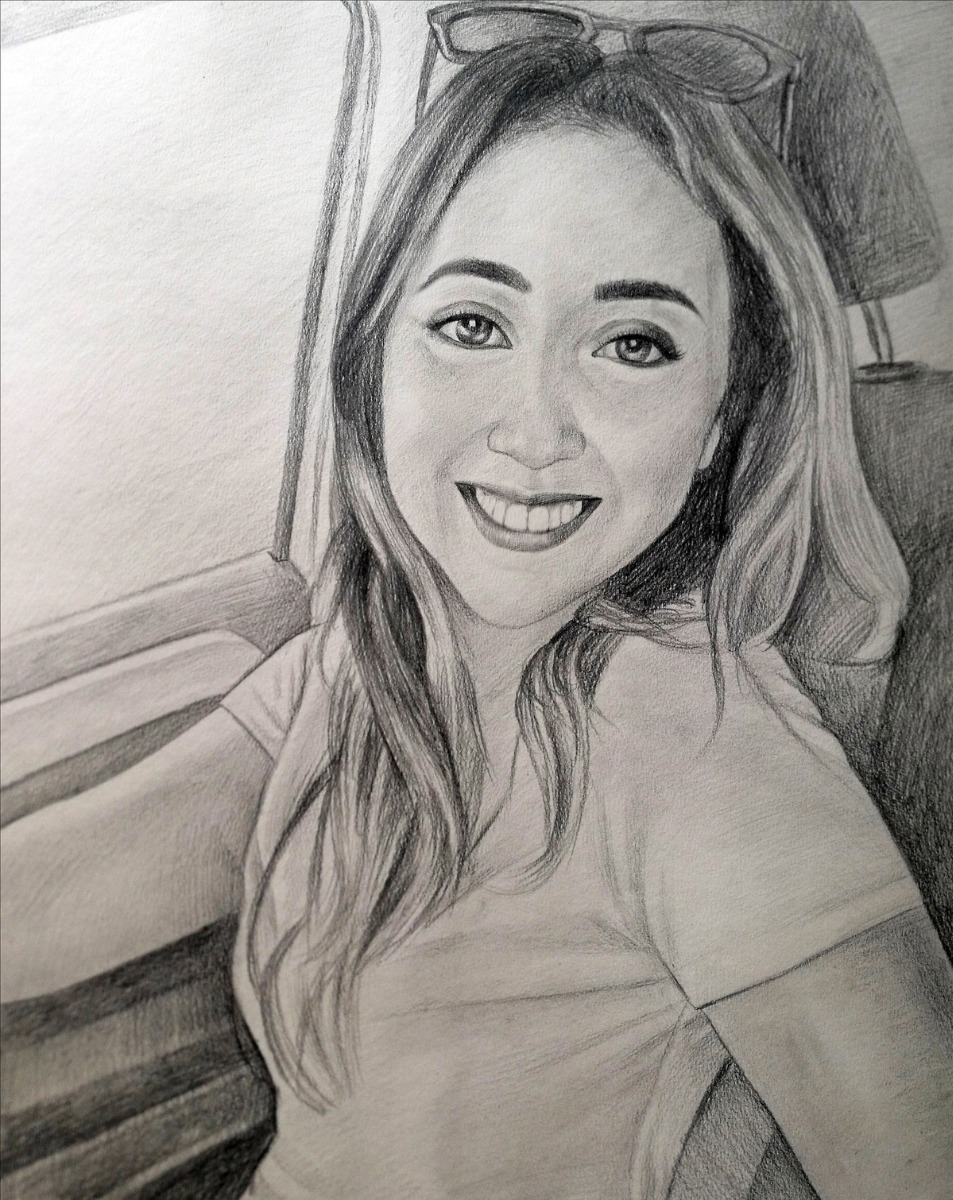 A pencil sketch of a woman in a car.