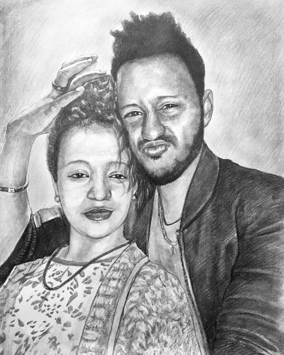 Black and white pencil sketch style drawing of a man and woman.