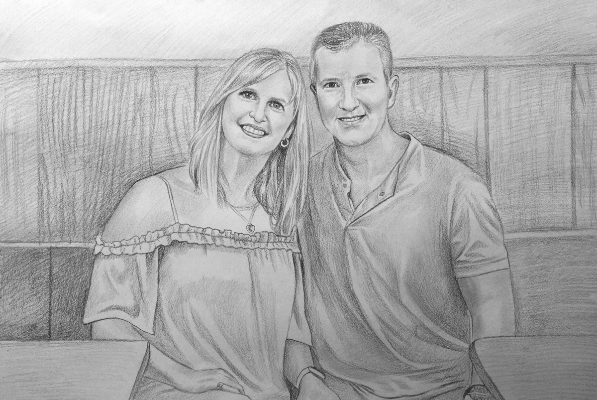 A pencil sketch of a man and woman posing for a picture.
