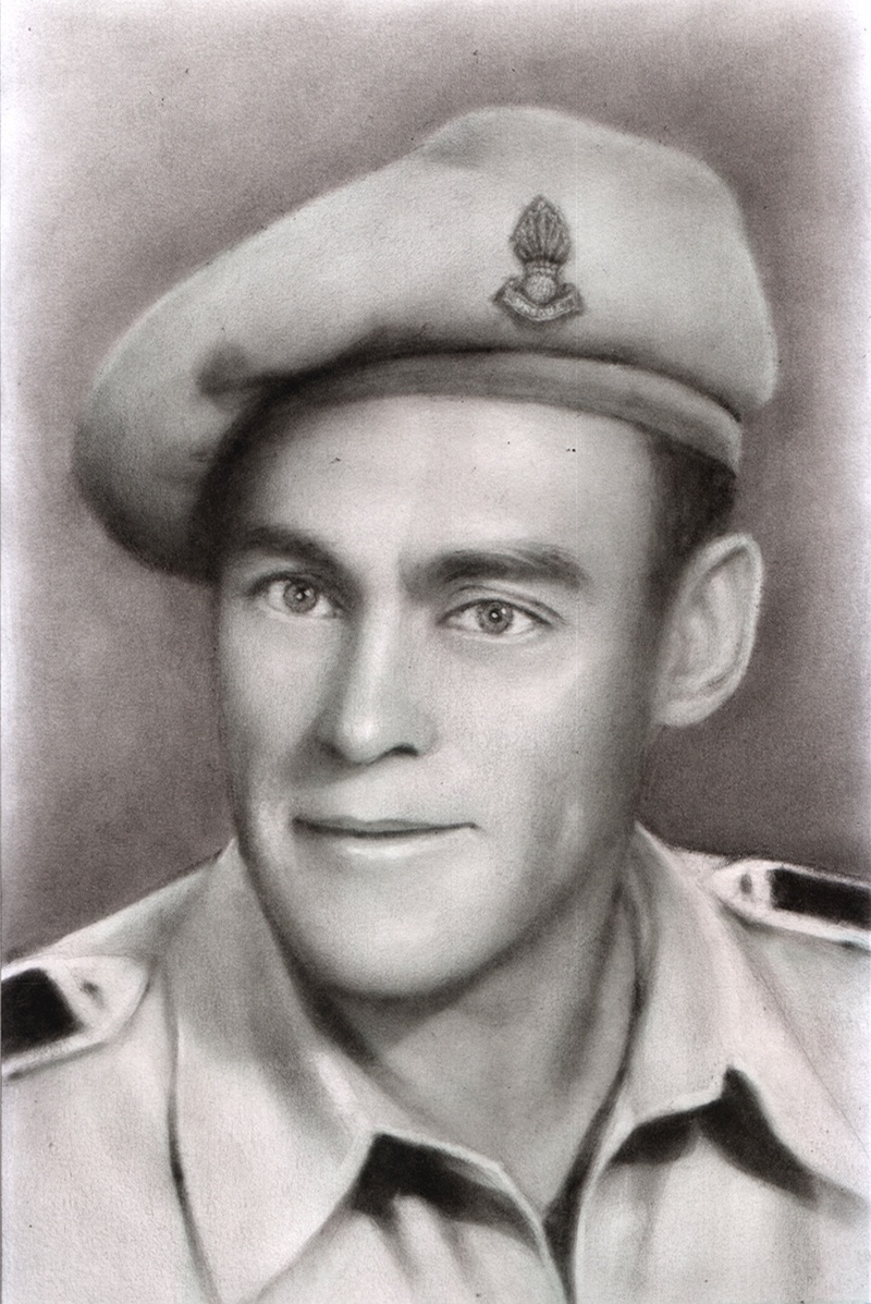 A charcoal drawing of an American veteran in a military uniform.