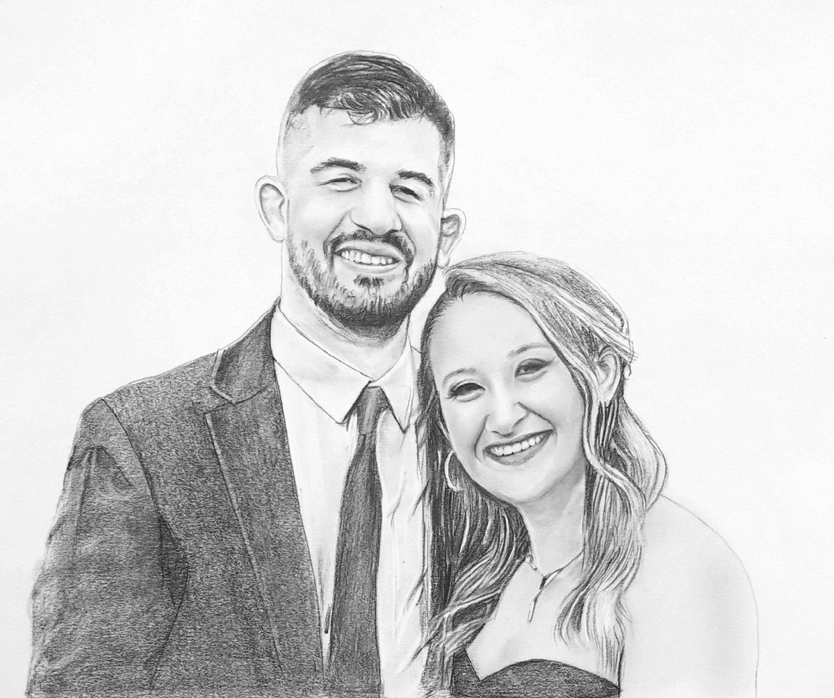 A pencil-drawn black and white wedding art gift depicting a man and woman in a smooth style.