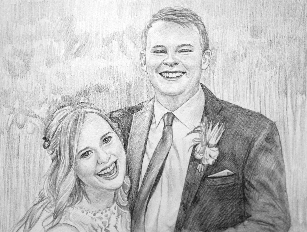 A pencil sketch of a couple in a wedding pose, perfect as an art gift idea.