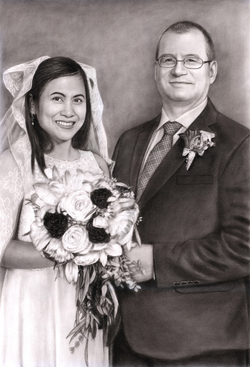 A black and white charcoal drawing of a bride and groom in a dark style.