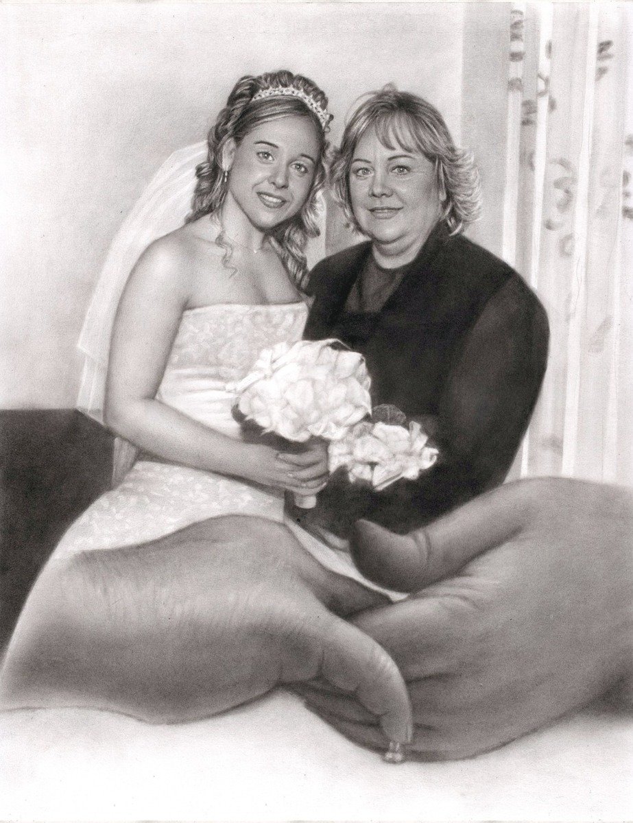 A charcoal wedding portrait of a bride and her mother holding hands.