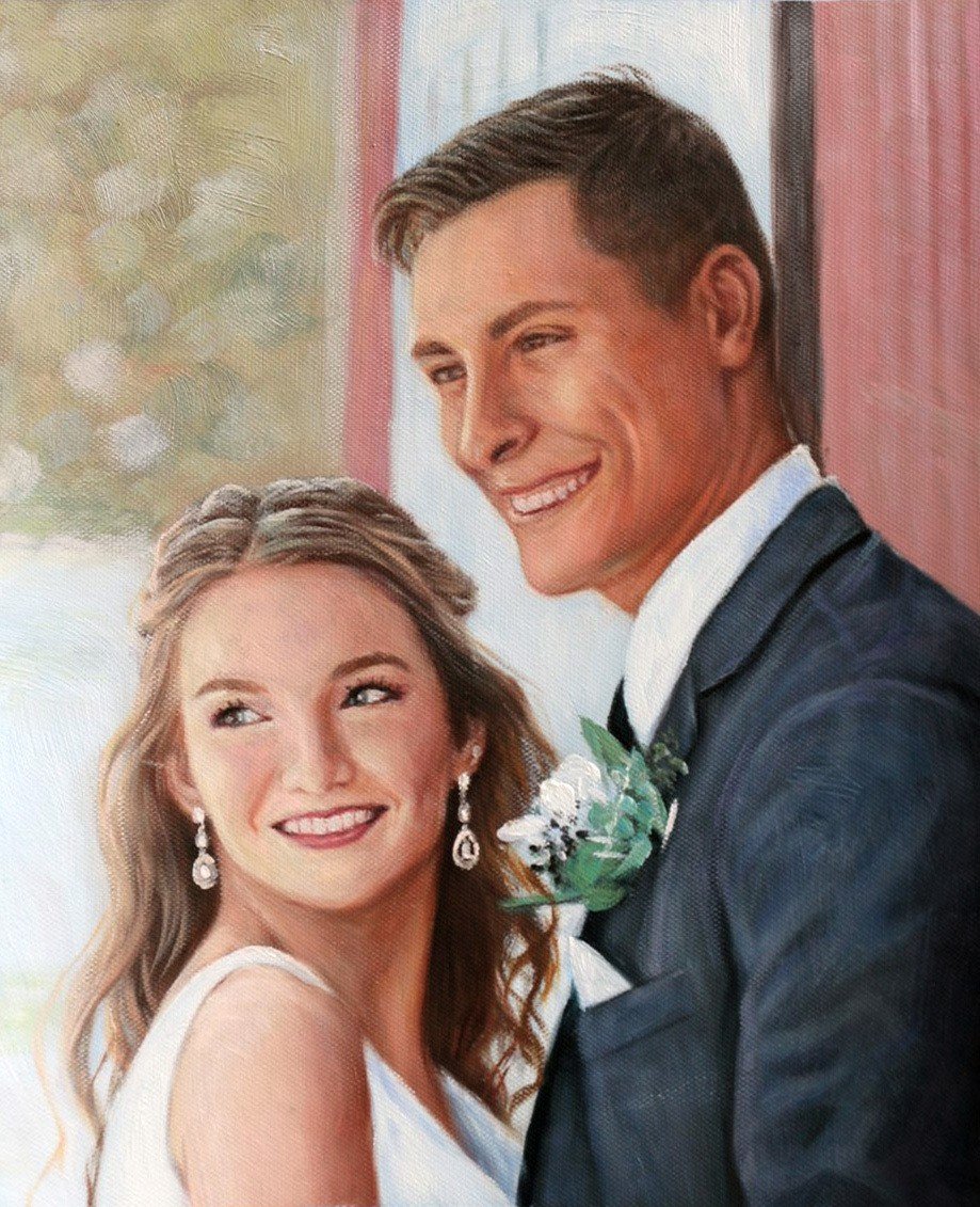 An oil painting in a wedding portraiture style featuring a bride and groom.