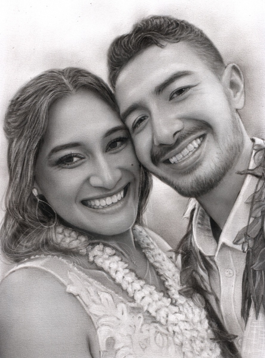 A black and white charcoal drawing of a smiling couple.