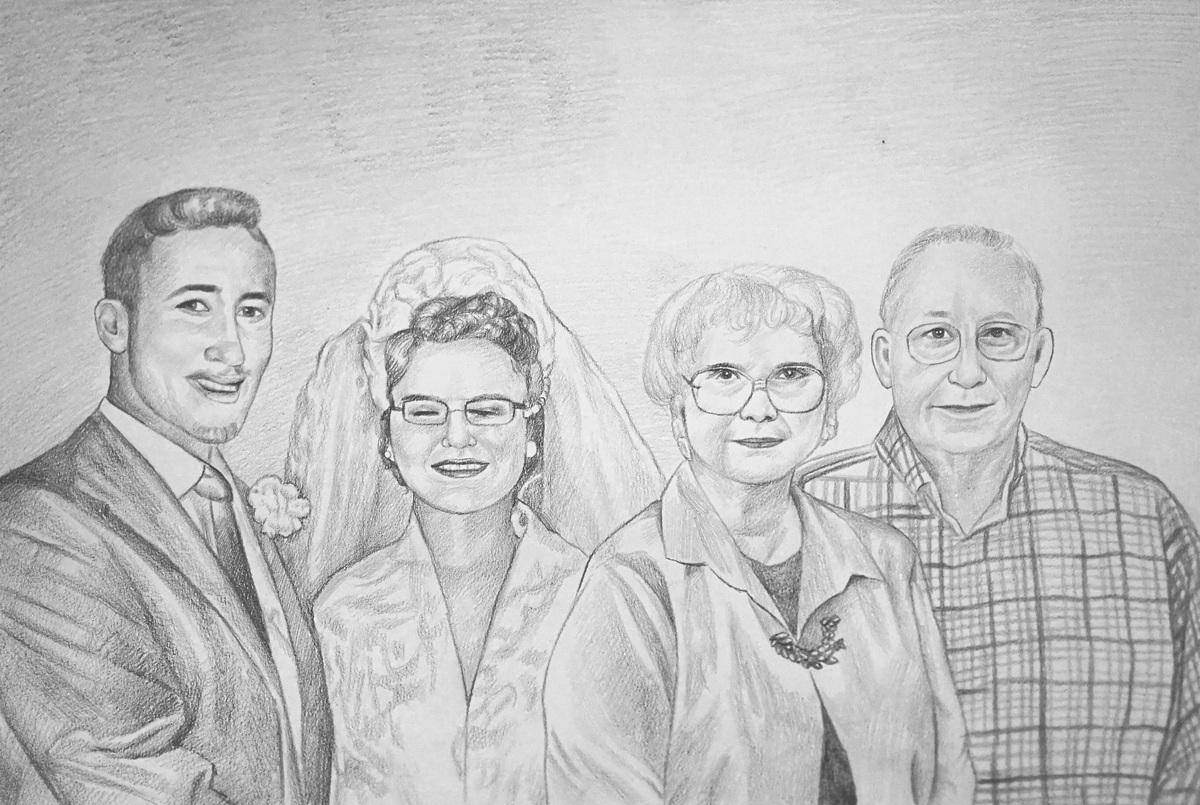 A pencil sketch of a family posing for a picture, perfect as a wedding gift.