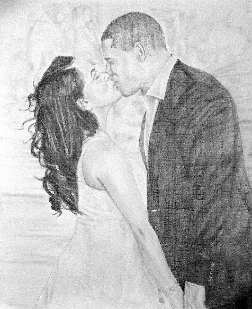 A pencil sketch of a bride and groom in a smooth style, capturing their wedding kiss.