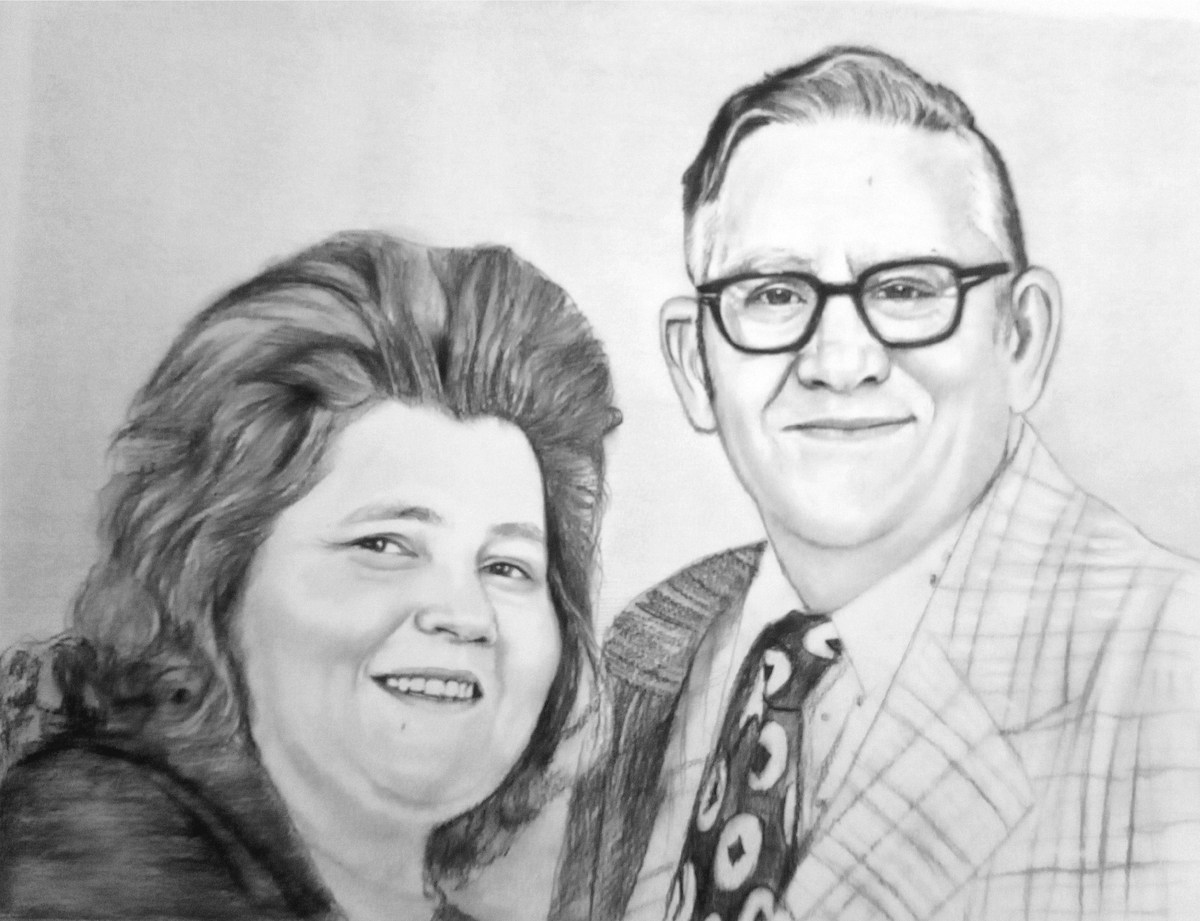 A black and white pencil drawing of a man and woman, perfect for an anniversary gift.