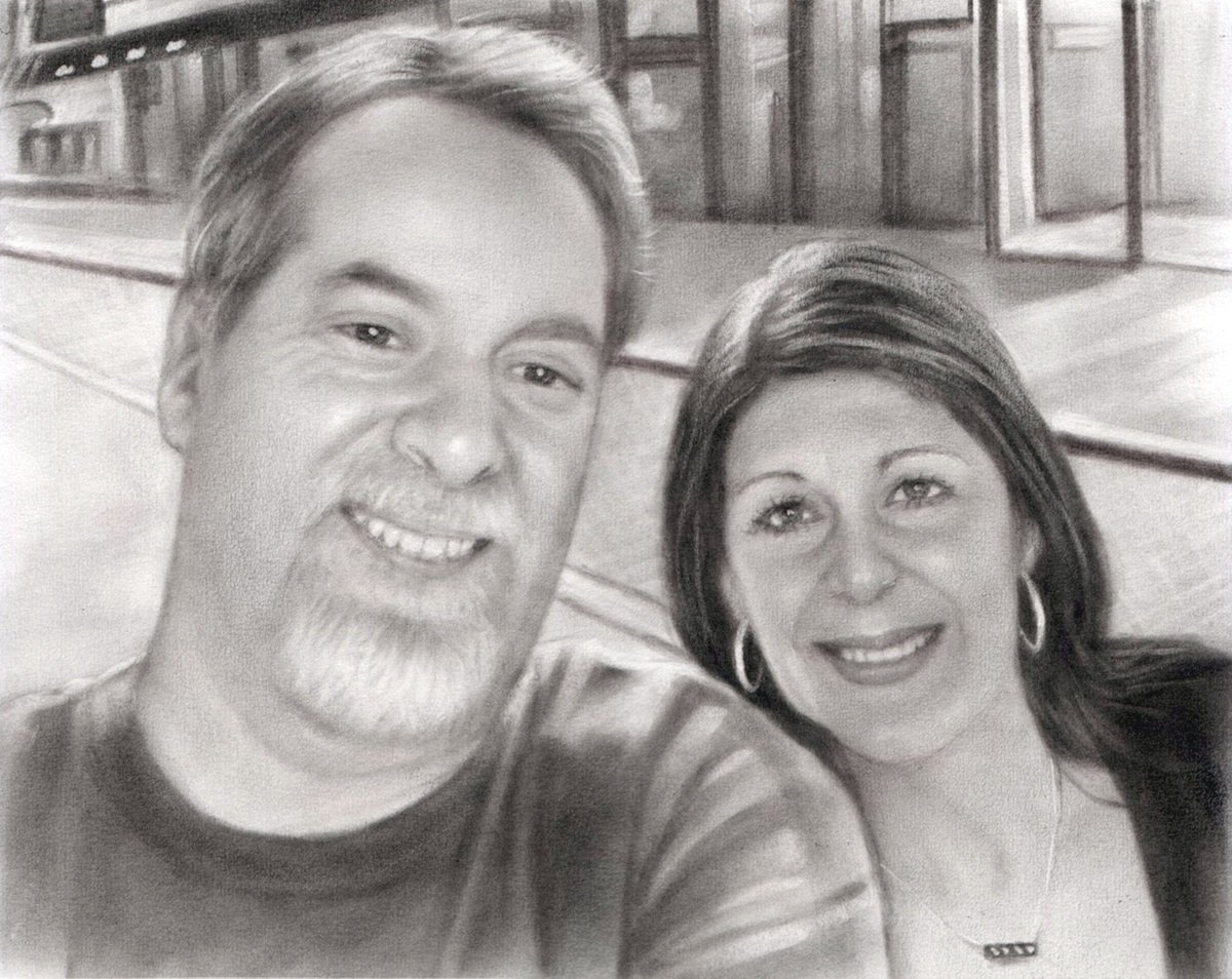A black and white charcoal drawing of a man and woman for an anniversary painting.