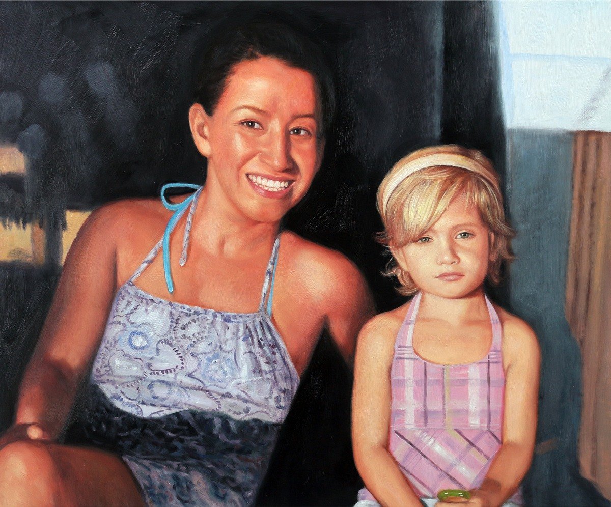 A custom oil painting capturing the bond between a mother and daughter in a thick brush style.