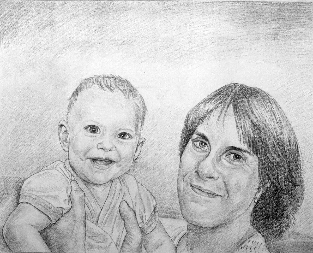 A commissioned pencil drawing of a mother and baby.