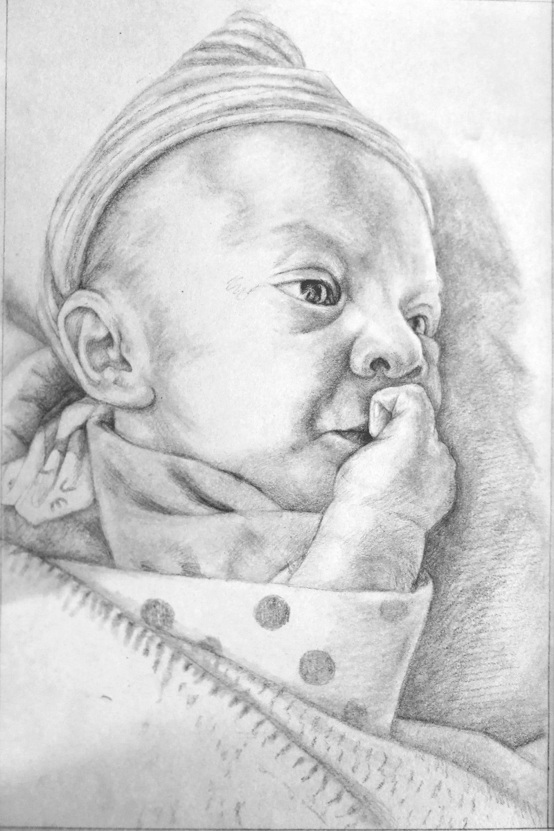 A cute and heartwarming kids portrait of a baby in a blanket, created in a pencil smooth style.