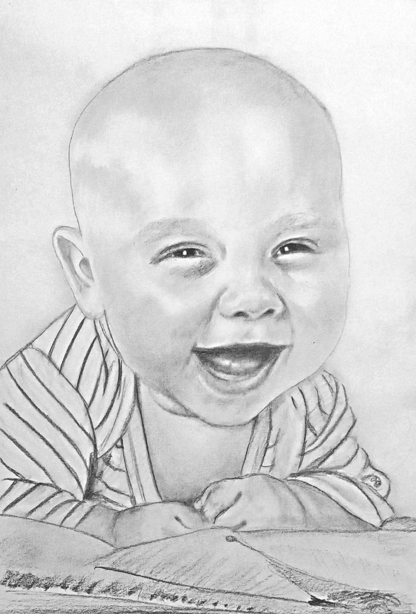 A commissioned pencil drawing of a smiling baby in a smooth style.