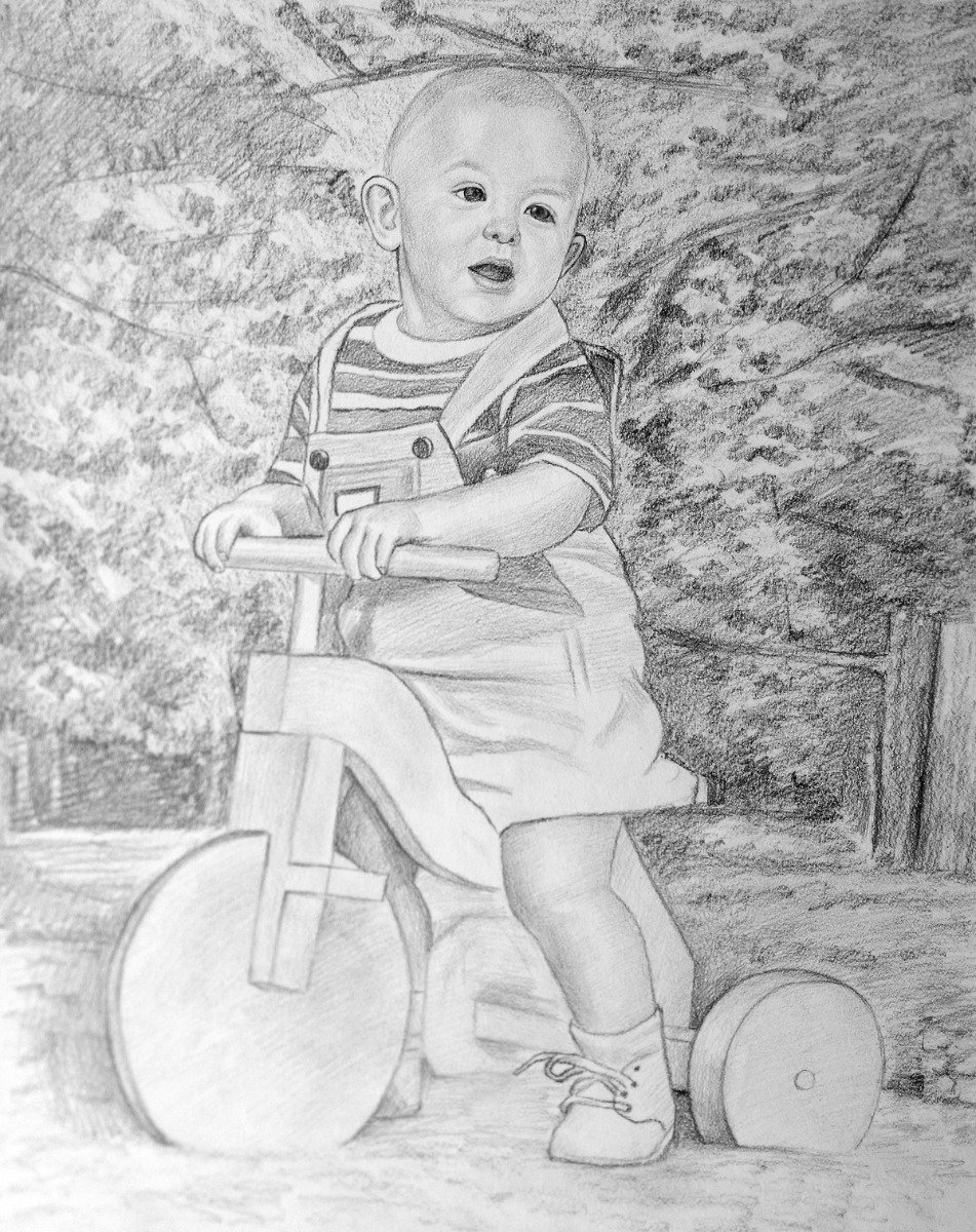 A pencil smooth style portrait of a child on a tricycle.