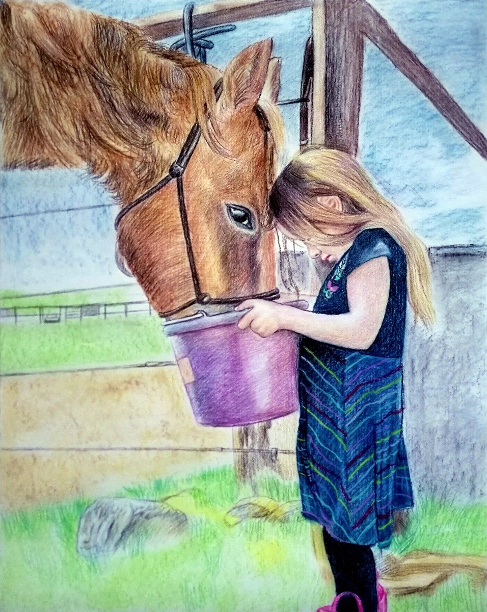 A colored pencil drawing of a little girl feeding a horse in a smooth style.