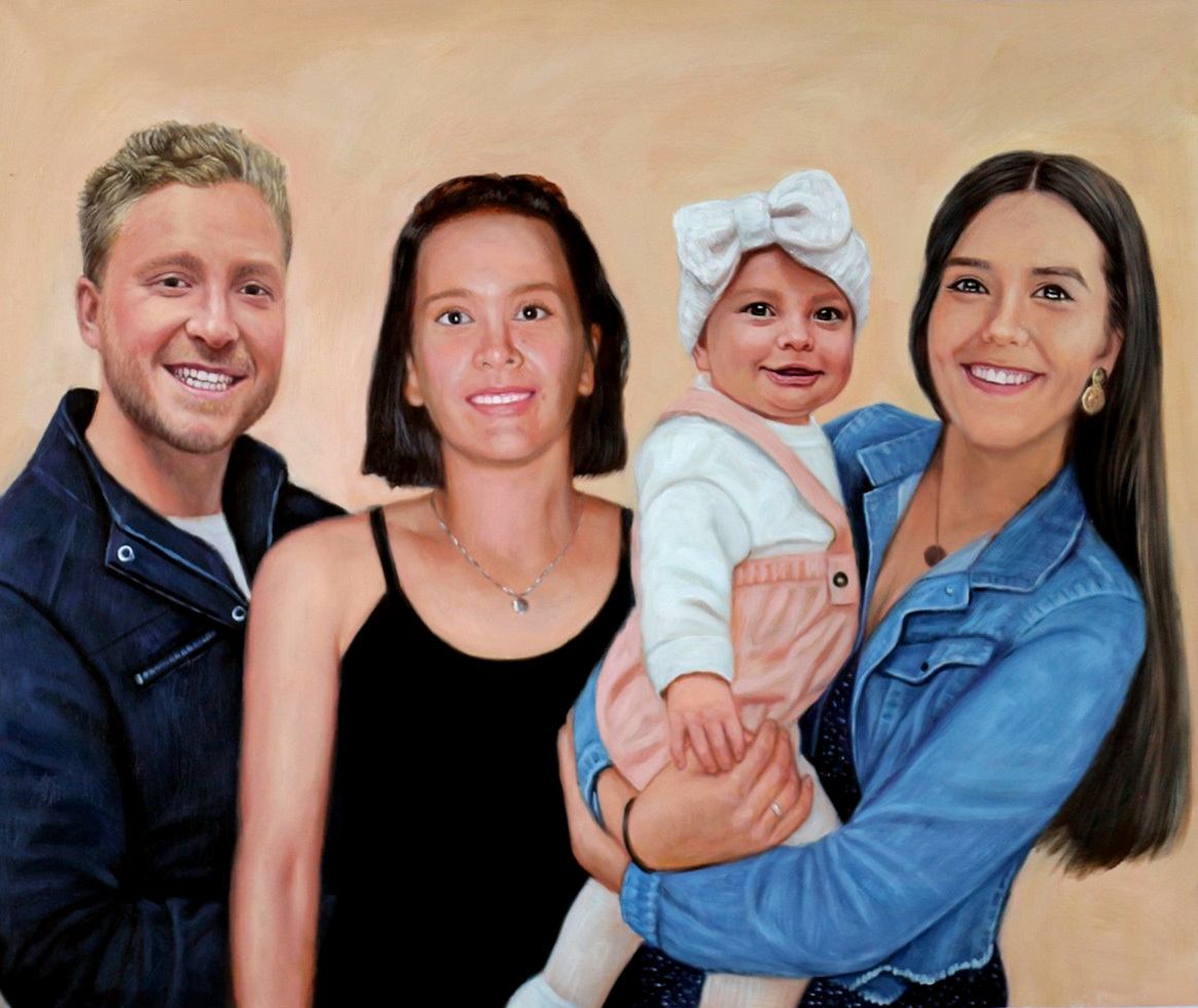 A collage painting featuring a family with a baby.