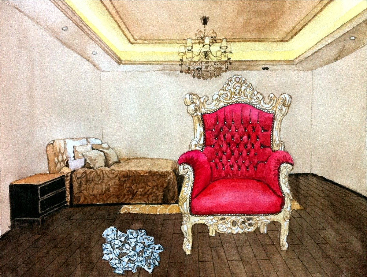 A compilation painting of a red throne chair in a bedroom.