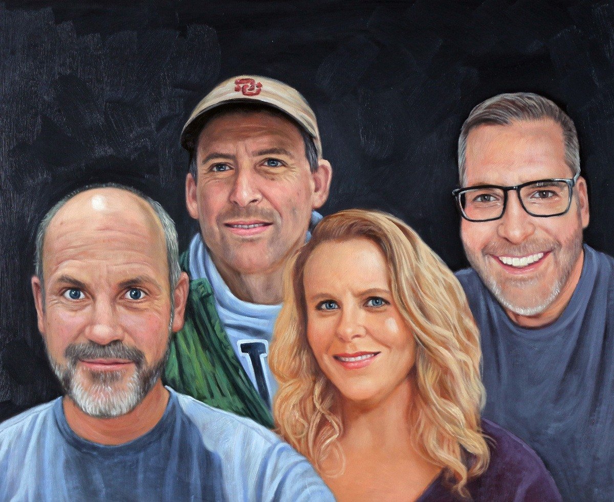 A compilation portrait of a group of people posed for a picture, painted in oil with a thick brush style.