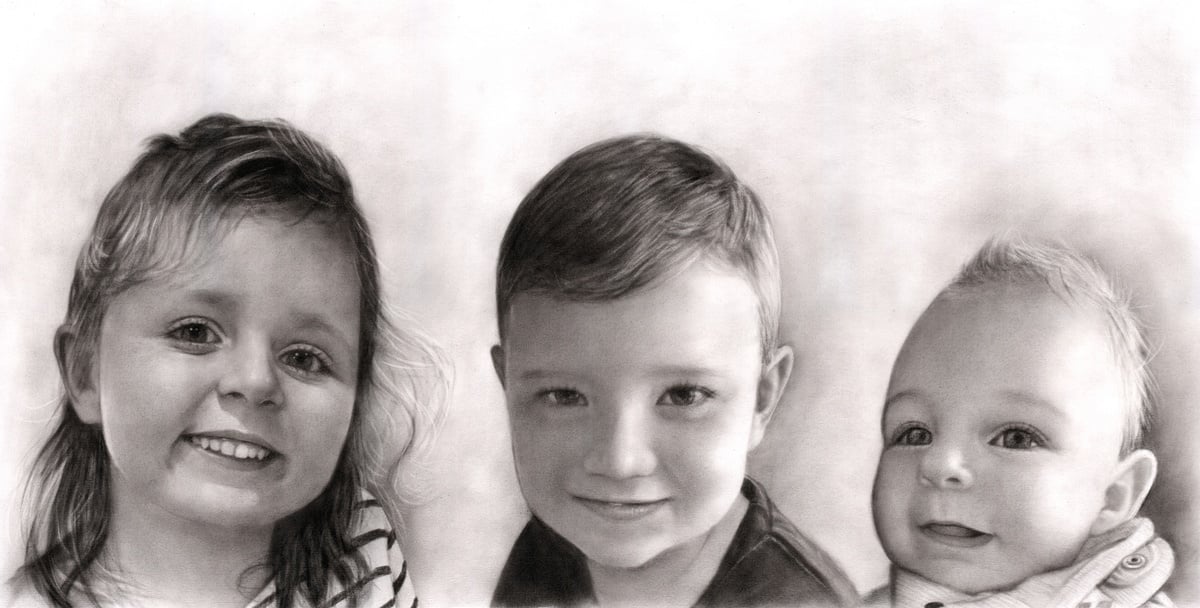 A premium charcoal composite drawing of three children.