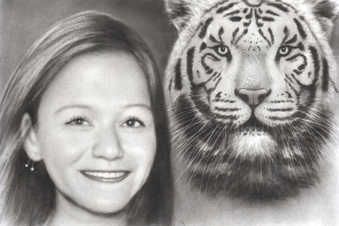 A photomontage drawing of a girl and a tiger in a premium charcoal dark style.