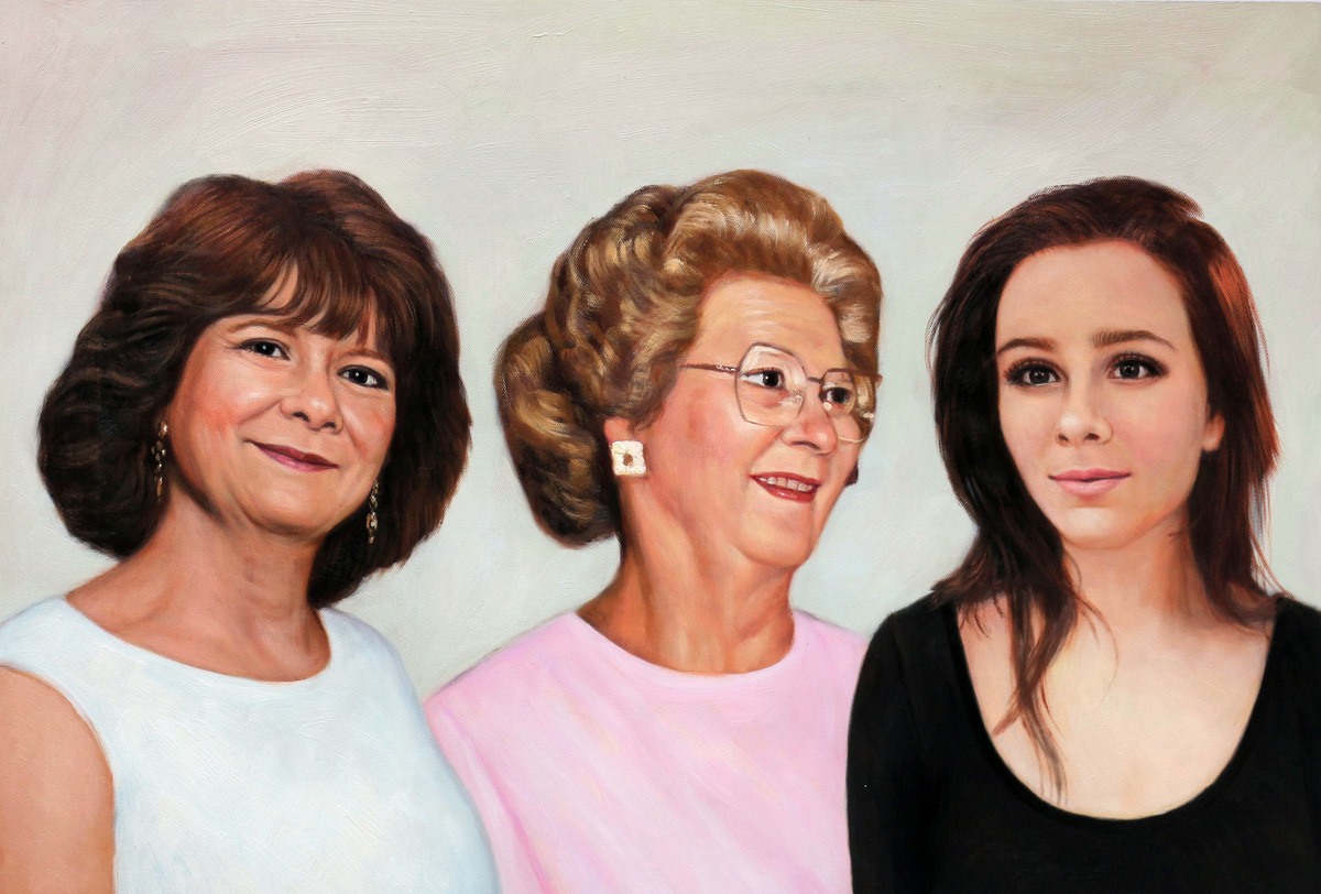 An oil painting of three women posing for a picture, done in a fine brush style.