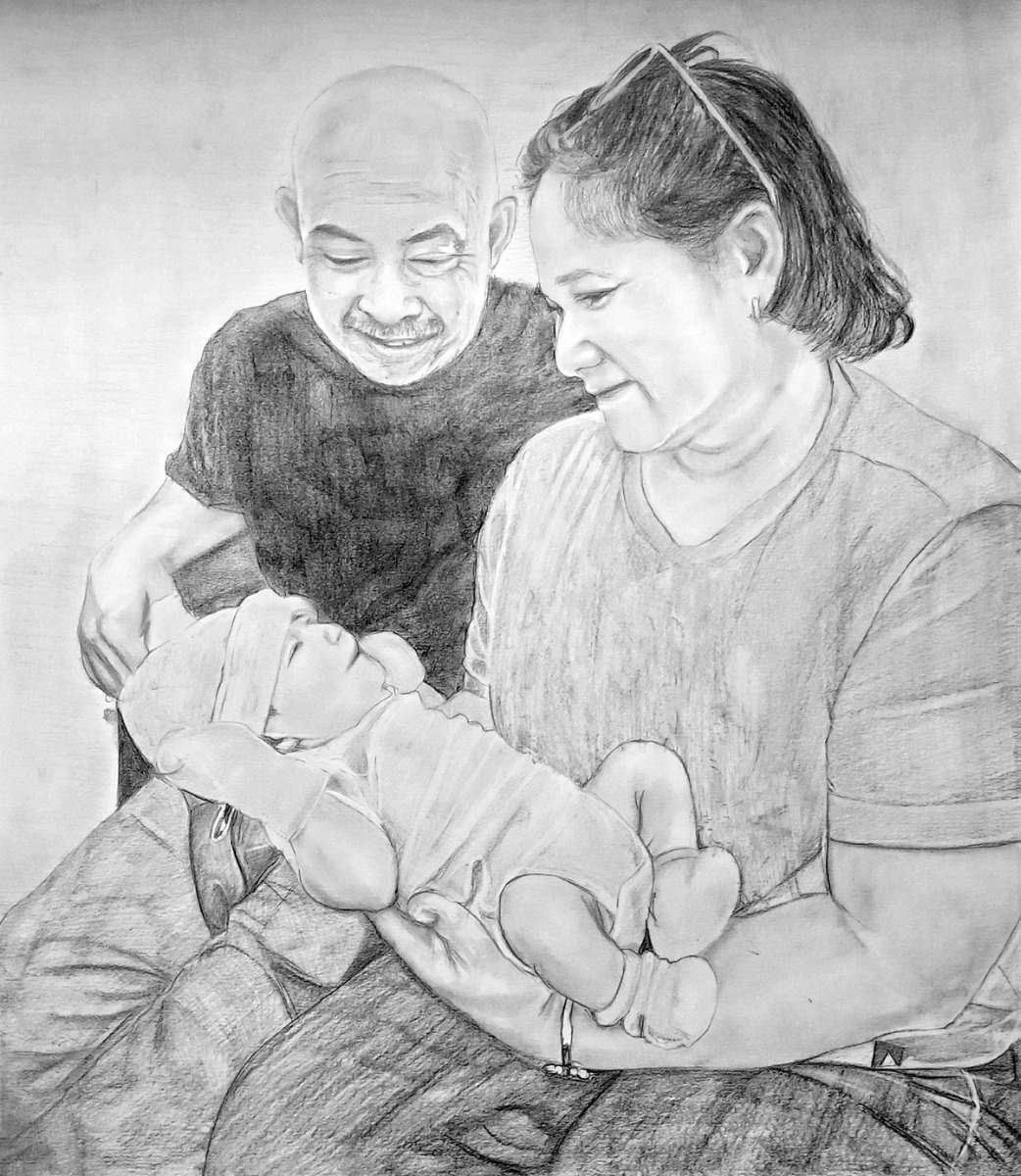 A pencil drawing of an older couple holding a baby.