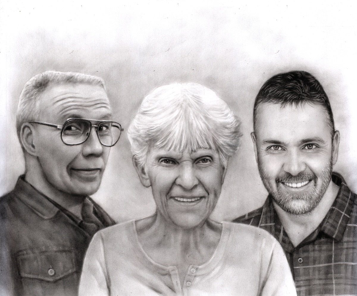 A premium charcoal drawing of an older man and woman with a young man, perfect as art for grandparents.