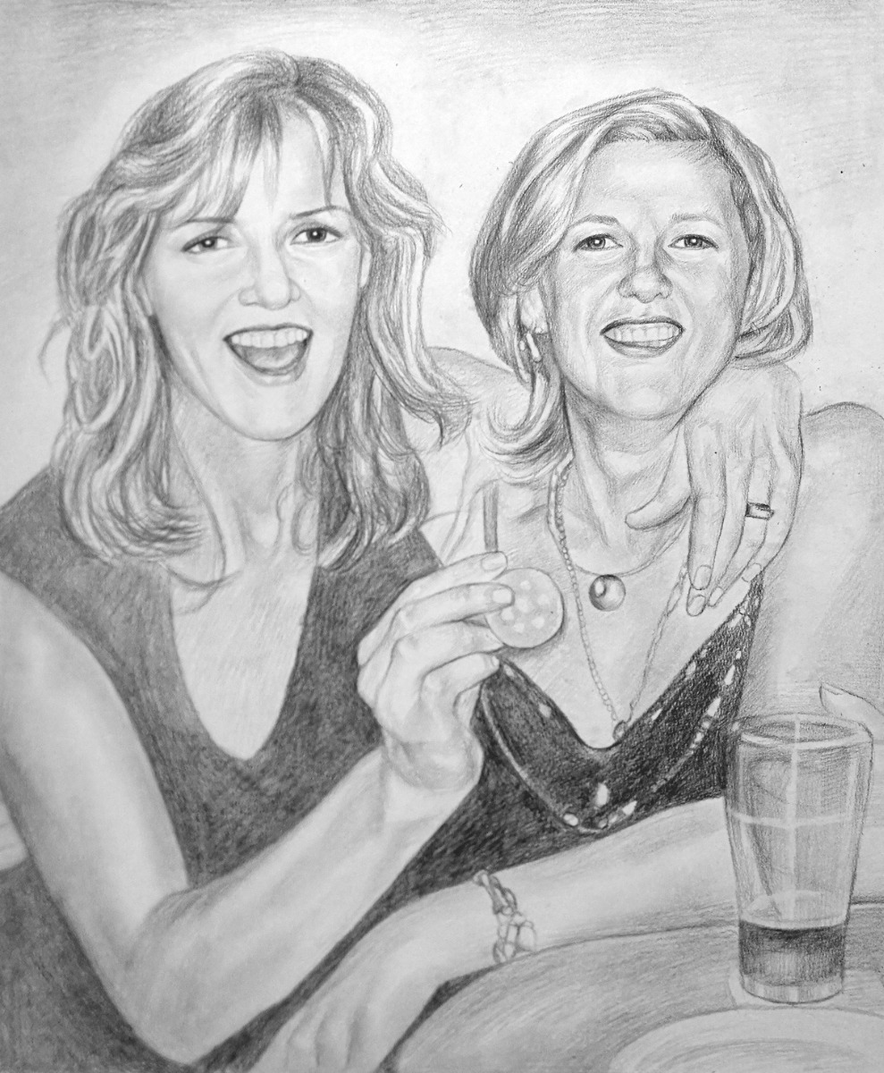 A best friends portrait drawing of two women sitting at a table.