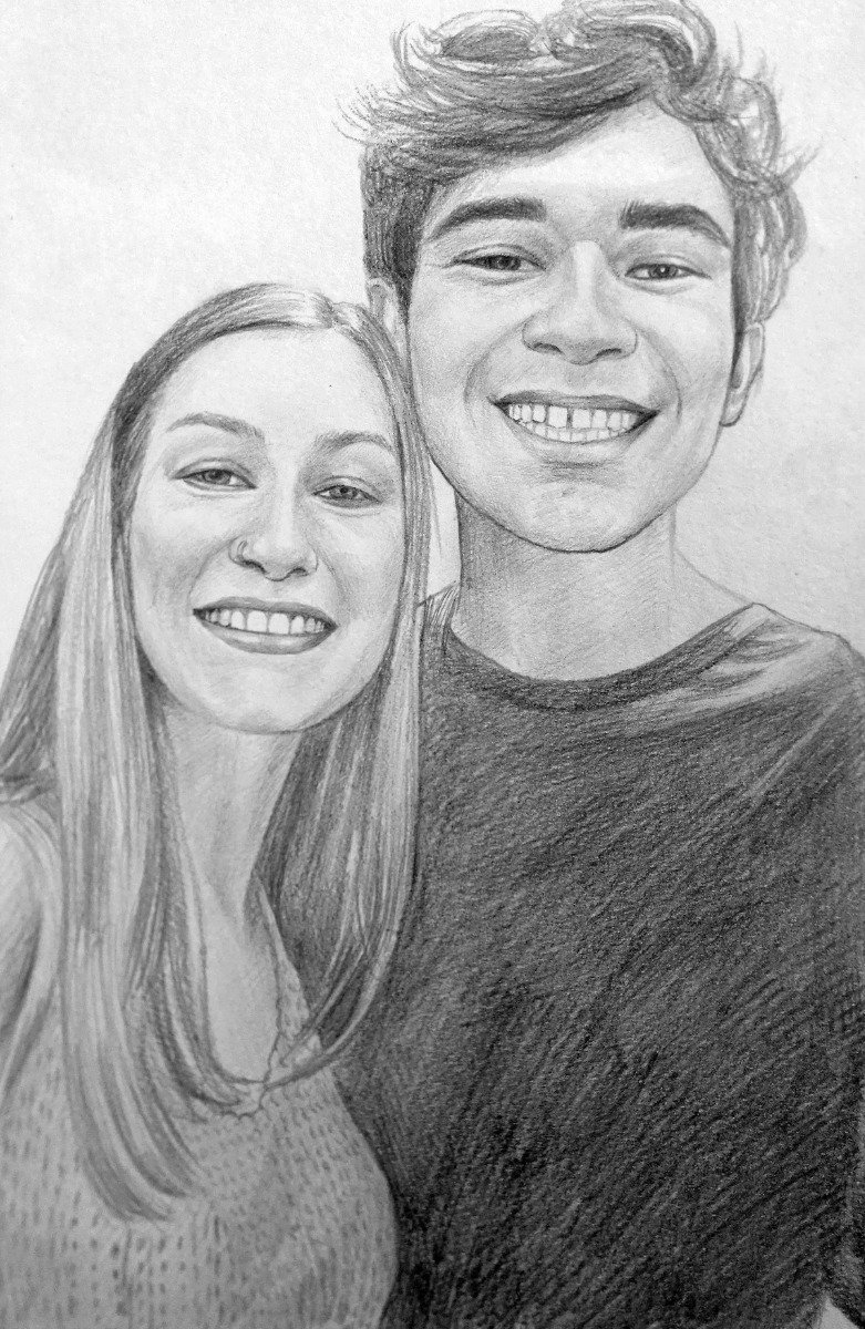 
A black and white best friend portrait drawing.