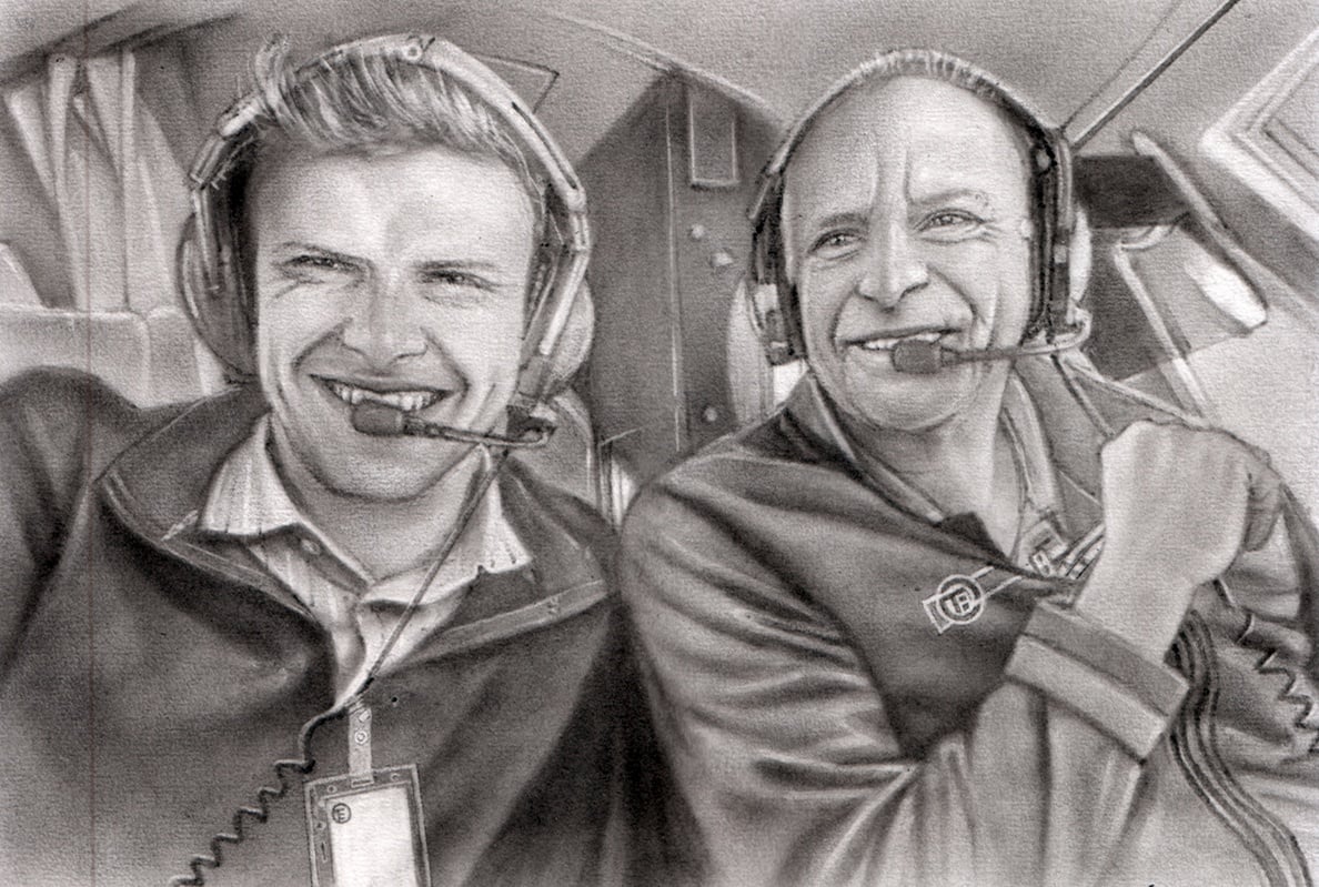 A custom portrait depicting two best friends sitting in an airplane.